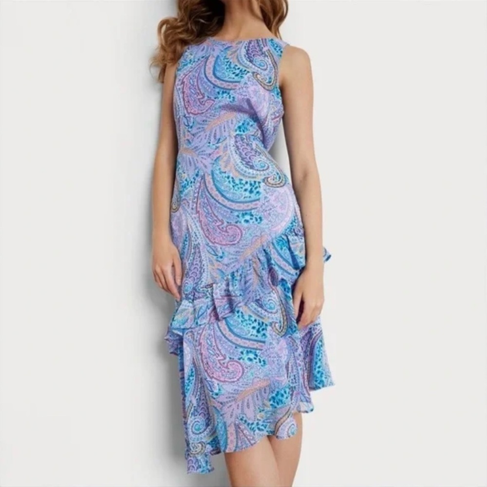 Sam Edelman Paisley Asymmetrical Ruffled MIDI Dress Size 12 Easter Fairy pastel
